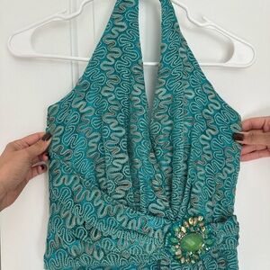 David Meister Turquoise Embellished Halter Top